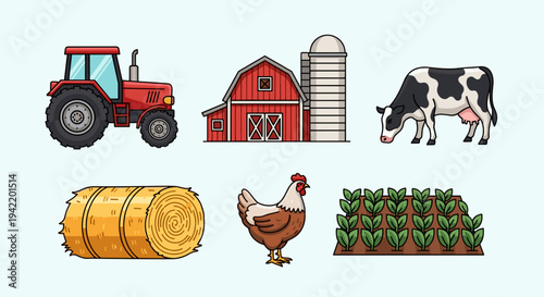A colorful vector illustration of farm icons including a tractor, barn, cow, hay bale, chicken, and crops.