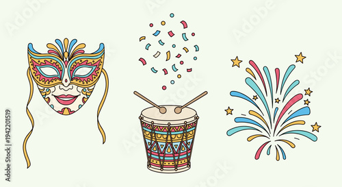 A vibrant illustration of festive Mardi Gras elements including a colorful mask, drum, and fireworks on a white background.