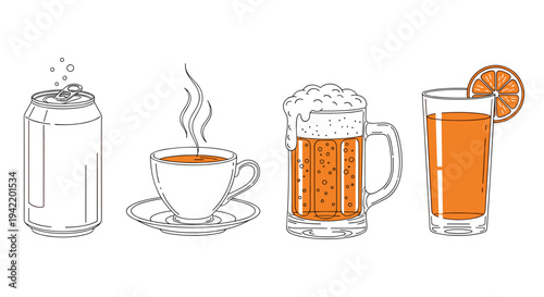 A vector graphic illustration of various beverages in glasses and a cup