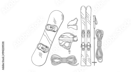 A minimalist vector illustration of snowboarding equipment on a white background