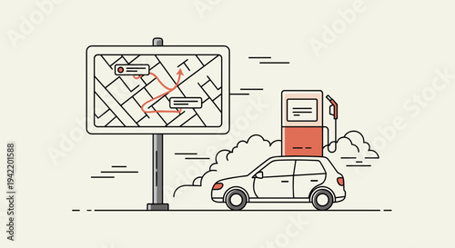 A minimalist vector illustration of a car navigating through a city with a map on a billboard