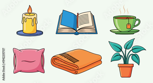 A colorful vector graphic illustration of cozy home comforts including a candle, book, coffee, pillow, blanket, and plant.
