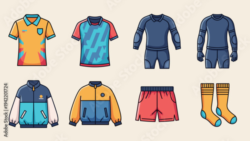 A colorful illustration of various soccer uniforms and accessories arranged in rows on a plain background