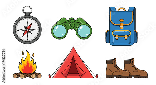 A colorful vector graphic illustration of camping icons including a compass, binoculars, backpack, campfire, tent, and hiking boots.