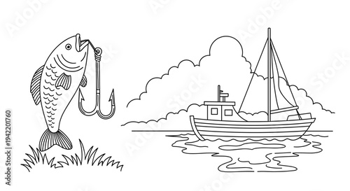 A black and white vector illustration of a fish jumping out of water next to a sailboat on a calm sea