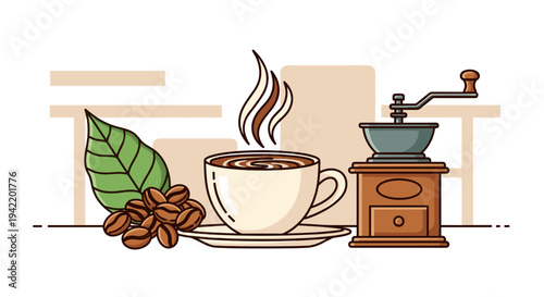 A minimalist vector illustration of a steaming cup of coffee with a coffee grinder and beans