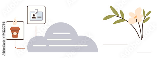 Workplace planning, digital tools, eco-lifestyle, organization, minimalist design, productivity. Coffee cup, ID badge cloud flower branch. Workplace planning and digital tools visualization