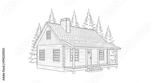 A minimalist line art illustration of a cozy cabin in the woods with a chimney and trees