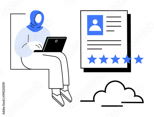 Woman working on laptop, reviewing a professional profile document with a five-star rating. Ideal for hiring process, remote work, online profiles, recruitment platforms, cloud storage, digital