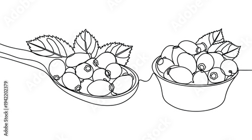 Spoon and bowl full of blueberries with leaves on transparent background