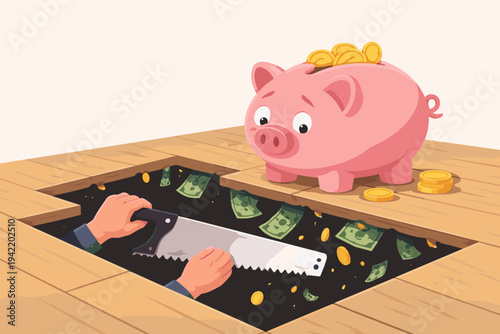 Financial Mistake and Investment Risk Concept with Hands Sawing Floor Under Piggy Bank to Steal Money, Representing Economic Crisis, Fraud, Robbery, Bankruptcy, and Loss of Savings in Market Crash.