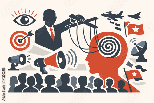 Mind Control and Propaganda Concept Vector Illustration with Puppet Master Manipulating a Human Head, Megaphones, War Planes, and Crowd Silhouettes Representing Mass Media Influence and Power.