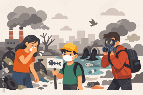 People Wearing Masks in a Heavily Polluted Environment with Factory Smoke, Toxic Water, and Trash, Flat Vector Illustration Representing Global Warming, Air Pollution, and Ecological Crisis.