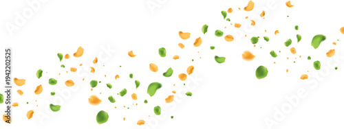 green leaves  yellow orange flower petals falling and scattering wavy horizontal motion natural fresh aesthetic perfume fabric softener advertisement herbal cosmetic  wide horizontal