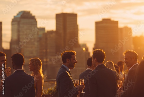 Business professionals engaging in networking and socializing at a rooftop party during sunset with city skyline in the background