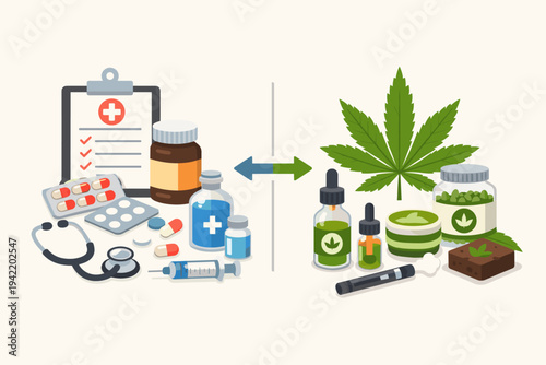 Traditional Medicine vs Medical Marijuana Comparison Illustration with Pharmaceutical Drugs, Stethoscope, Syringe and Cannabis Leaf, CBD Oil, Edibles, Vape Pen for Healthcare Concept
