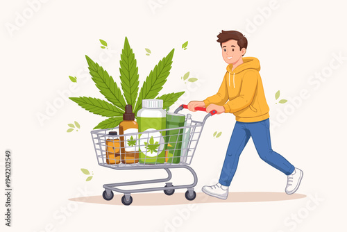 Happy young man pushing a shopping cart filled with medical cannabis products, CBD oil bottles, hemp extract jars, and a large marijuana leaf, concept of legal weed purchase and health wellness.