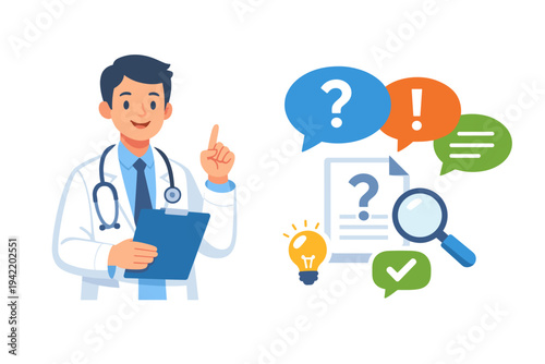 Professional male doctor in white coat holding clipboard and pointing up, featuring medical FAQ elements like speech bubbles, question marks, light bulb, magnifying glass, and checkmark icons.