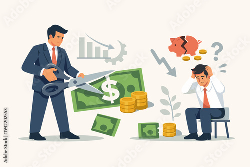 Vector Illustration of a Boss Cutting Staff Salary with Scissors to Reduce Company Running Costs during Economic Crisis with a Stressed Employee Facing Financial Loss and Budget Cuts.