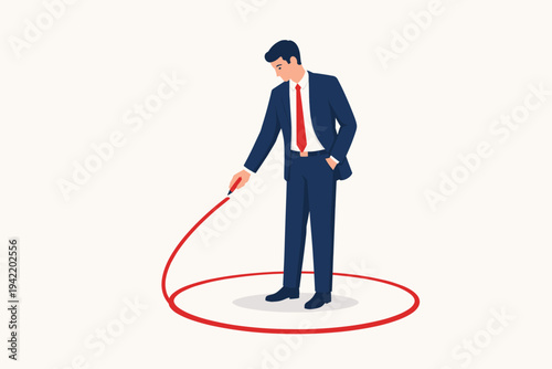 Businessman in a Blue Suit Drawing a Red Circle Around Himself, Concept of Personal Space, Professional Boundaries, Comfort Zone, Social Distancing, Privacy, and Isolation, Flat Vector Illustration