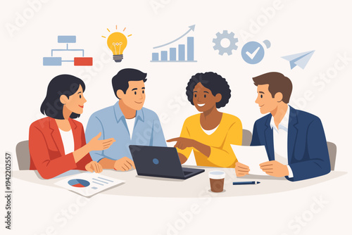 Diverse business team of men and women collaborating at a table, discussing new projects and brainstorming ideas with a laptop and documents in a simple flat vector illustration with icons.