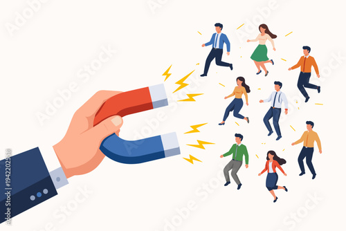 Business man hand holding a large magnet attracting a group of professional people and potential customers, representing lead generation, marketing strategy, recruitment, and talent acquisition.