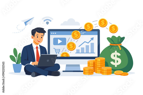 Businessman earning money online with laptop and computer monitor showing growth charts and e-commerce icons. Gold coins flying into a large money bag and stacks. Flat vector illustration.