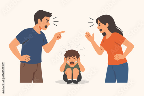 Vector Illustration of Angry Parents Having a Loud Argument While a Stressed and Crying Child Sits in the Middle Covering His Ears, Depicting Family Conflict, Domestic Stress and Divorce Issues.