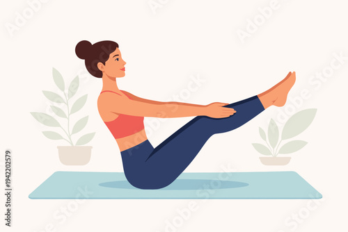 Flat vector illustration of a fit young woman practicing the boat pose yoga position on a blue mat in a bright room with potted plants, focusing on core strength, fitness, health, and wellness.