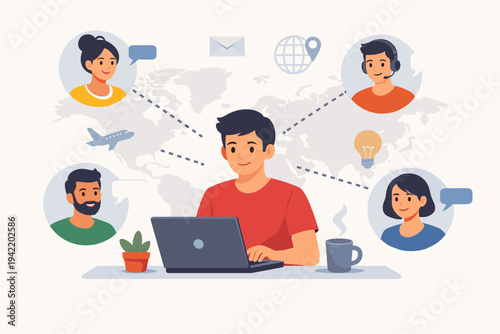 Flat Vector Illustration of a Freelancer Working on a Laptop and Communicating with a Global Team via Online Chat, Remote Work Concept with World Map Background and Diverse People Avatars.