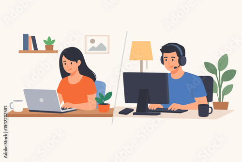 Vector Illustration of a Man with Headset and Woman with Laptop Working from Home, Remote Office Setup, Telecommuting, Online Meeting, Freelance Business, and Digital Connectivity Concept.