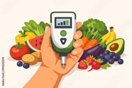 Hand Holding a Digital Nitrate Tester Device Over a Variety of Fresh Fruits and Vegetables for Food Safety and Quality Control, Flat Vector Illustration of Healthy Organic Nutrition Monitoring.