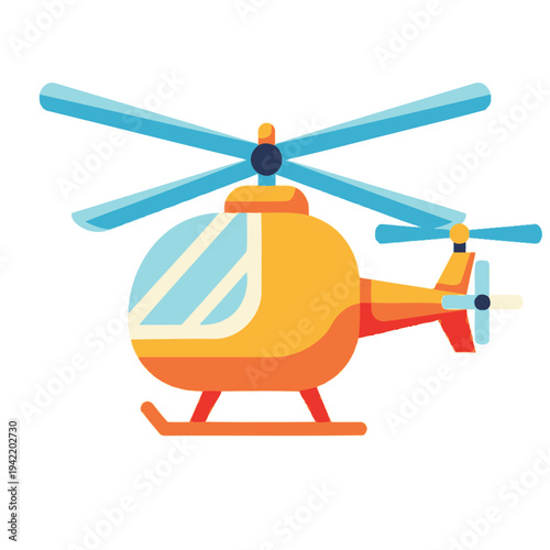 A brightly colored cartoon helicopter with blue rotors is depicted against a white background.