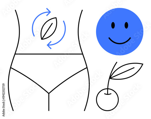 Digestive health concept. Digestive system ed with body lines, leaf circle arrows, and cherry icon promoting natural health. Digestive health for wellness, nutrition, diet plans, self-care, healthy
