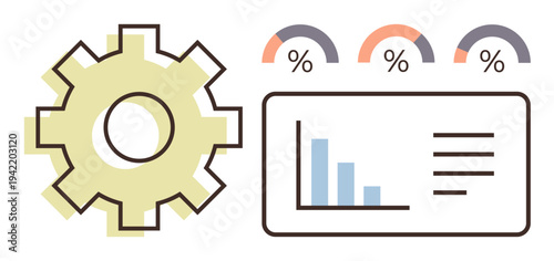 Business strategies, productivity, automation, workflow, data management, analytics. Gear illustration next to graphs and analytics dashboard. Business strategies and productivity concept
