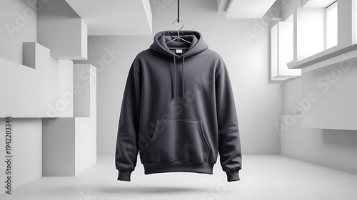 Grey Hoodie Hanger Modern White Room Interior Mockup