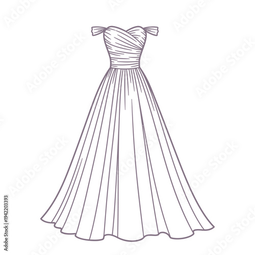 A sketch of an off-the-shoulder formal gown with a flowing skirt.