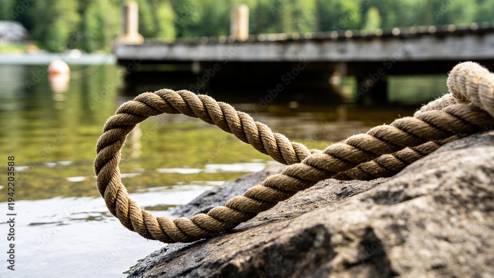 Fototapeta premium Nautical thick hemp rope on stone pier, rustic marine mooring rope by calm lake water, wooden dock and green forest background