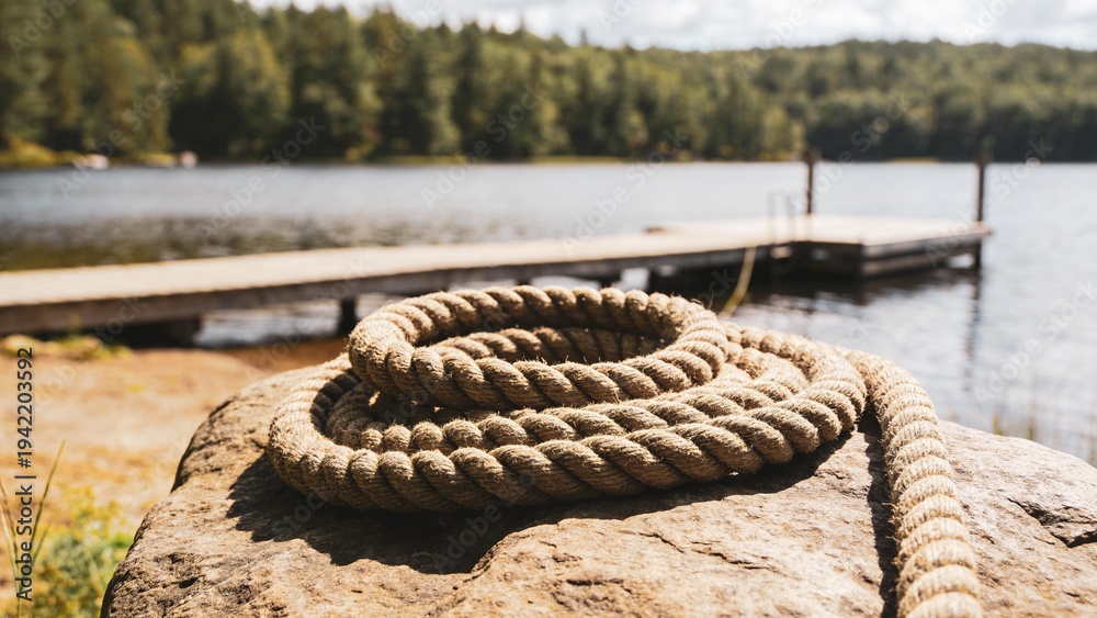 Fototapeta premium Nautical hemp rope coiled on rock, rustic lakefront dock with wooden pier, scenic summer landscape with forest and calm water background