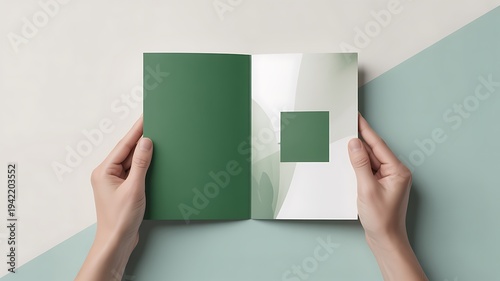 Hands holding open book blank green pages mockup