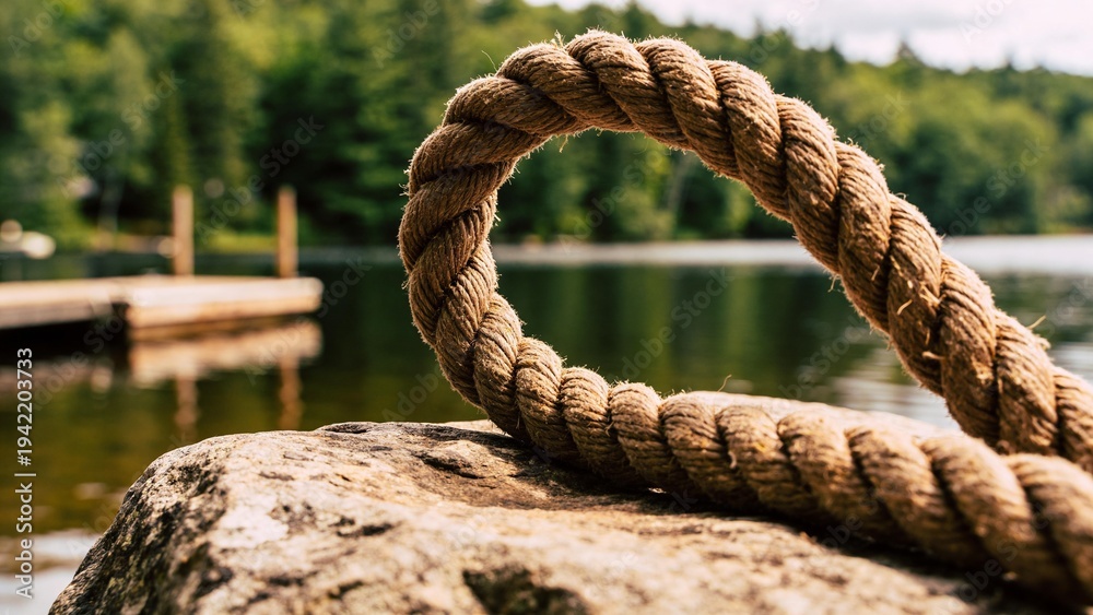 Fototapeta premium Nautical thick hemp rope coiled on rock, rustic marine rope by lake shore, natural fiber cordage with blurred wooden dock and forest background