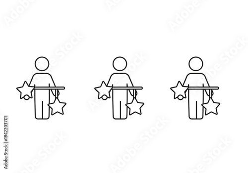 Set of stick figures holding up stars, outline icons for achievement, rating, and success concepts