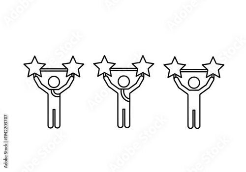 Set of stick figures holding up stars, outline icons for achievement, rating, and success concepts