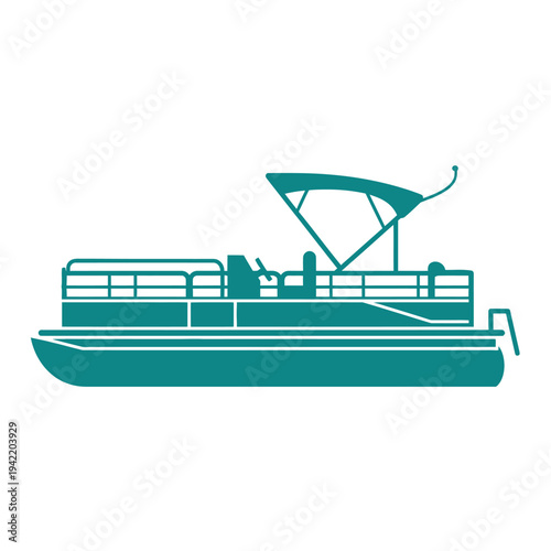A teal-colored pontoon boat with a canopy is shown on a white background.