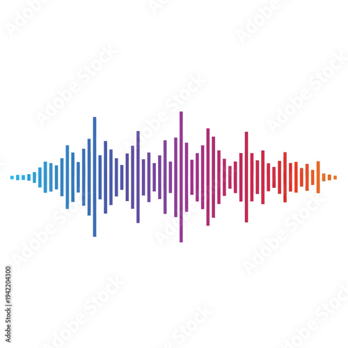 A colorful sound wave graphic displays audio frequencies against a white background.