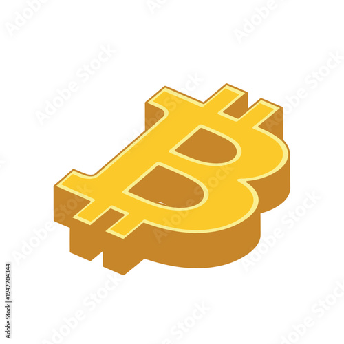 A golden Bitcoin symbol is shown in isometric view on a white background.