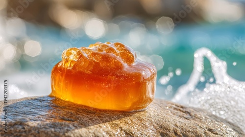 Golden amber honey droplet on textured stone near shimmering water