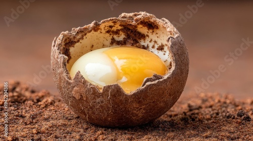 Golden egg yolk and white oozing from a cracked brown shell