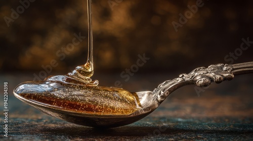 Golden Honey Cascading from an Antique Spoon