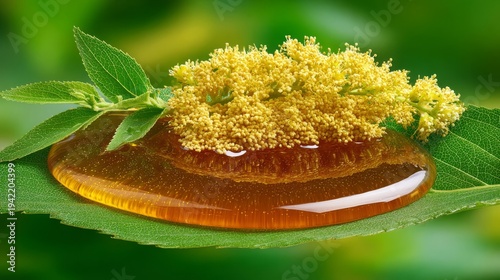 Golden Honey Drip on Green Leaf with Yellow Pollen Cluster